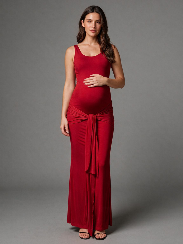 Scoop Neck Maternity Baby Shower Dress with Knotted Front and Draped Sashes