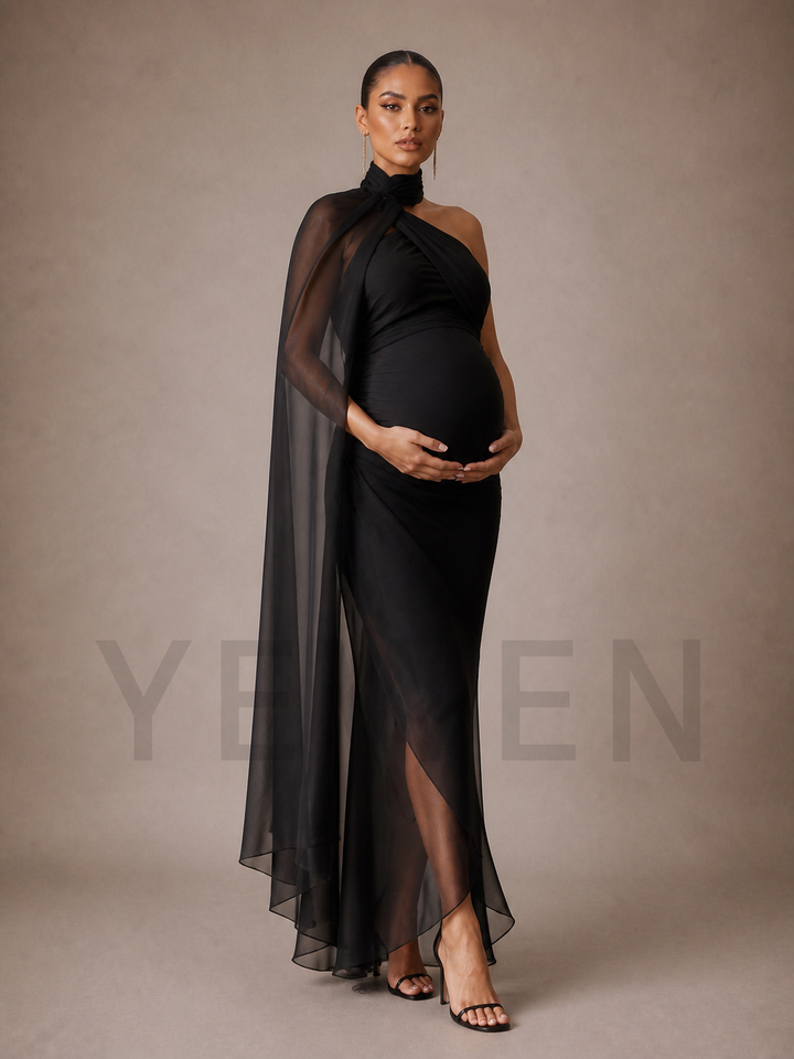 Black Maternity Baby Shower Dress Asymmetric Gown with Sheer Cape Overlay ZX013