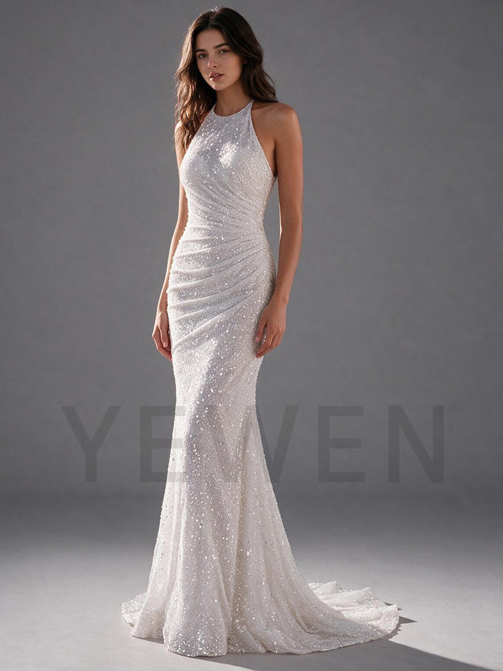Ivory Halter Sequin Ruched Bodice Mermaid Wedding Dress