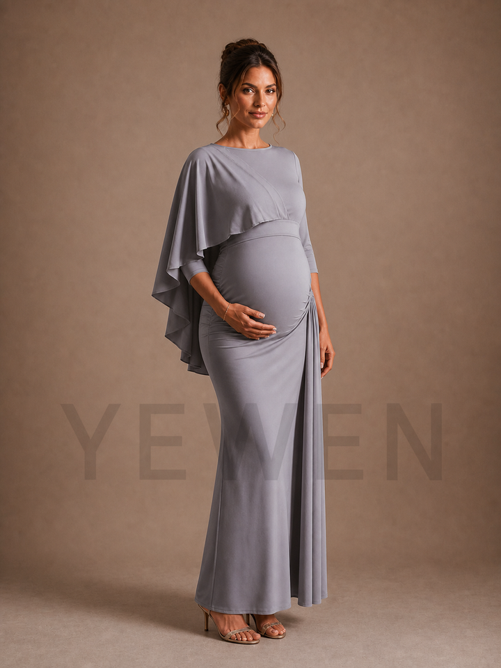 Slate Gray Maternity Baby Shower Dress Boat Neck Gown with Asymmetric Cape ZX020