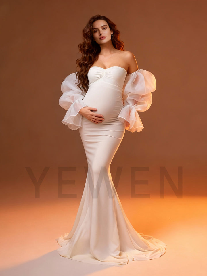 Ivory Mermaid Dress Photoshoot Detachable Sleeves Stretchy Maternity Dress