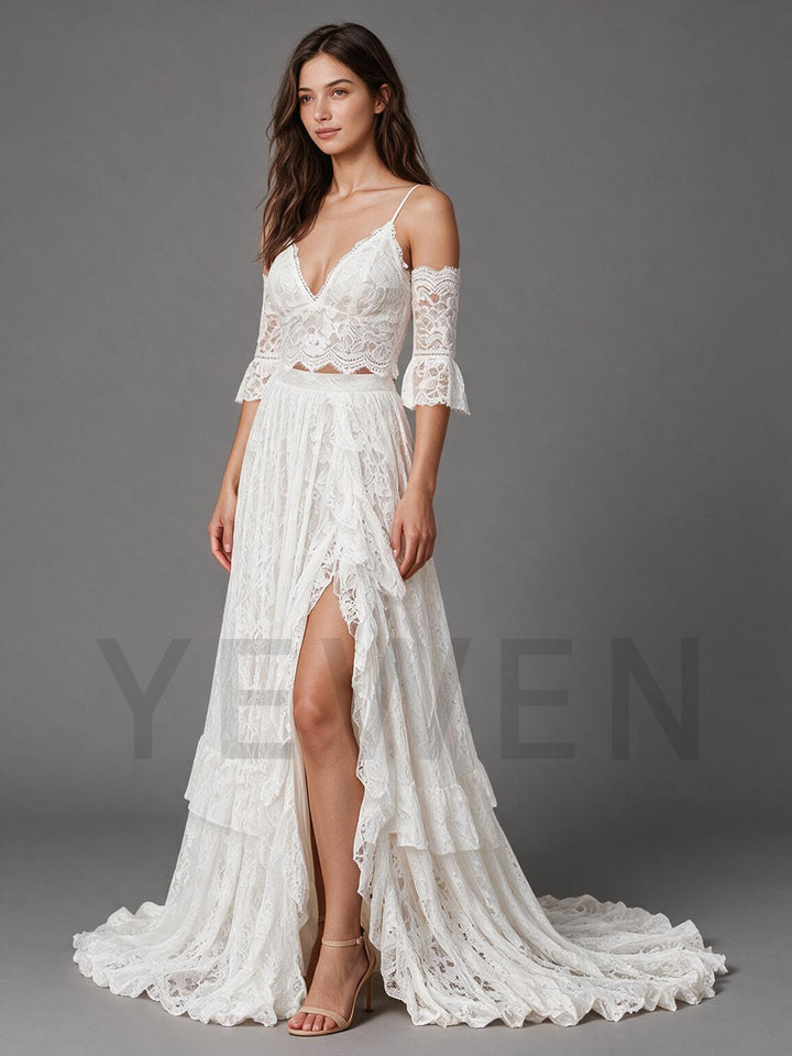 Ivory Two-Piece Spaghetti Lace Boho Wedding Dress with Tiered Ruffle Skirt