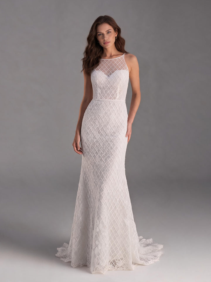 Ivory Sleeveless High Neck Sparkle Lace Mermaid Wedding Dress