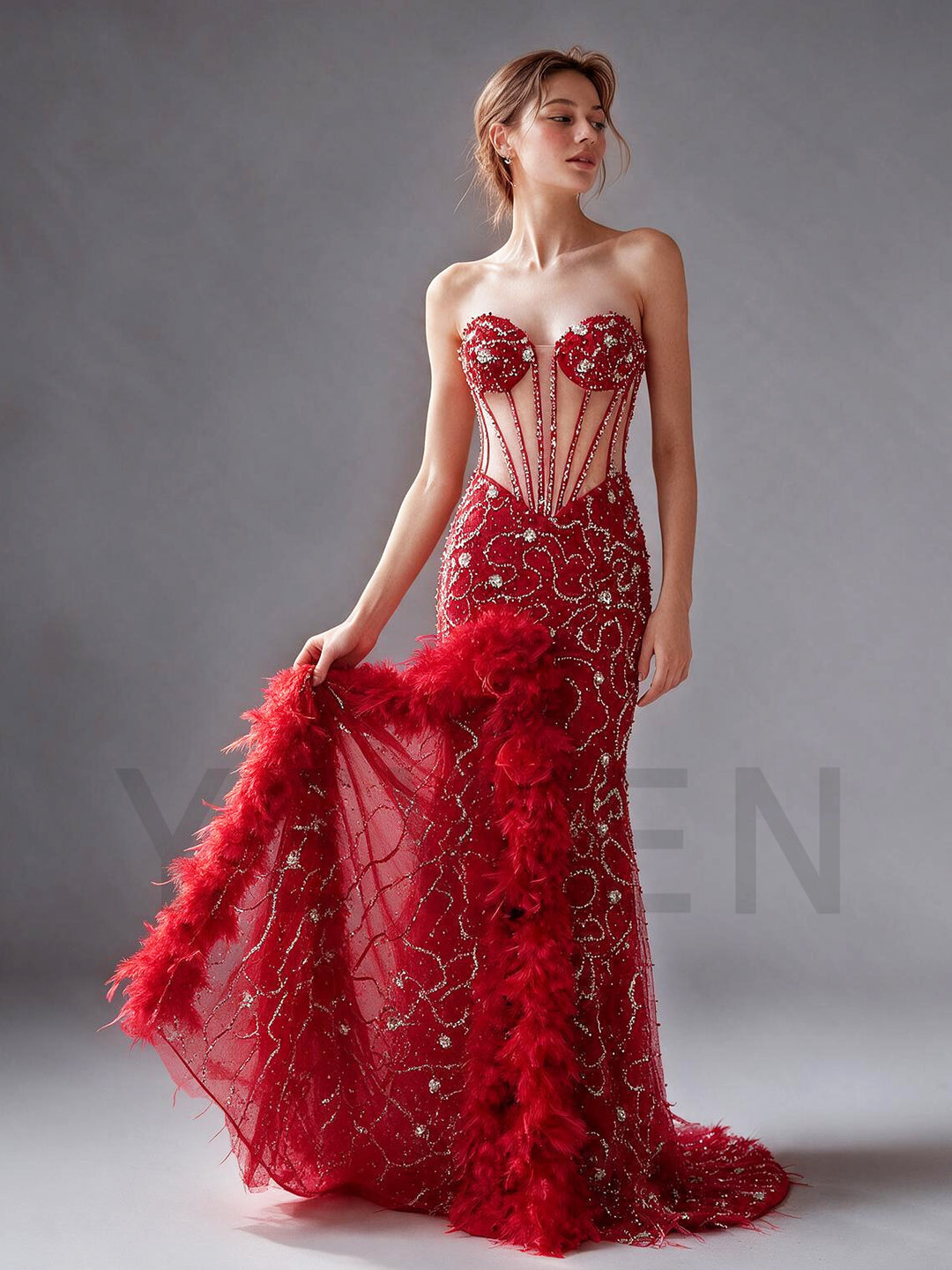 Strapless Sheer Corset Bodice Feather Trim Sequin Evening Gown YX006