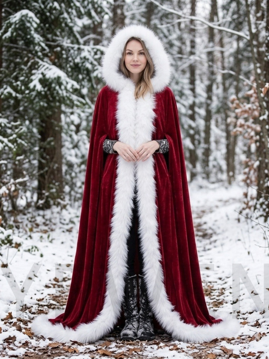 Velvet Hooded Christmas Cape with White Faux Fur Trim YD261013