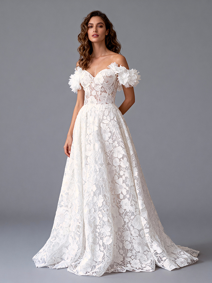 Romantic Off Shoulder Lace Wedding Dress Bridal Gown for Garden Wedding