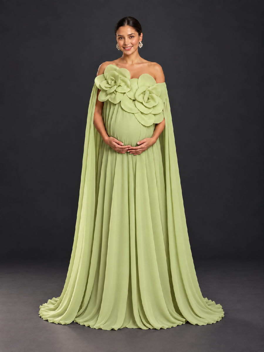 Off-Shoulder 3D Floral Maternity Gown with Long Cape HA260914