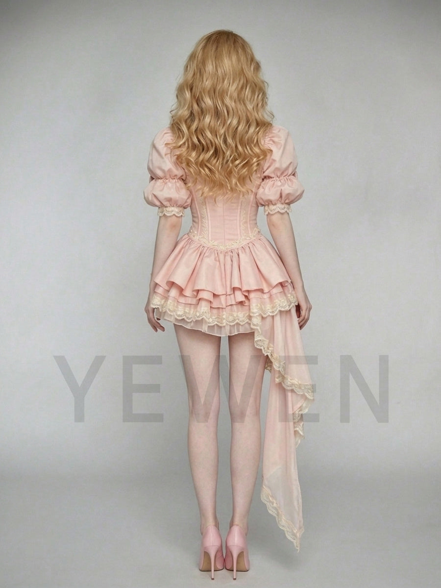 High-Low Pink Corset Princess Dress With Bow Puff Sleeves & Ruffles WT268010