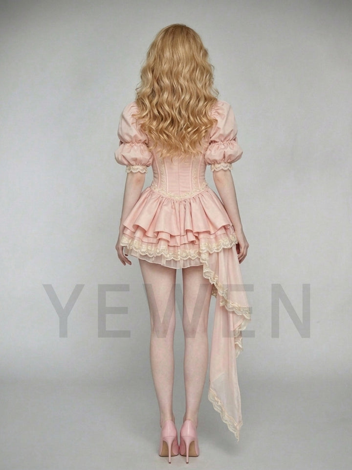 High-Low Pink Corset Princess Dress With Bow Puff Sleeves & Ruffles WT268010