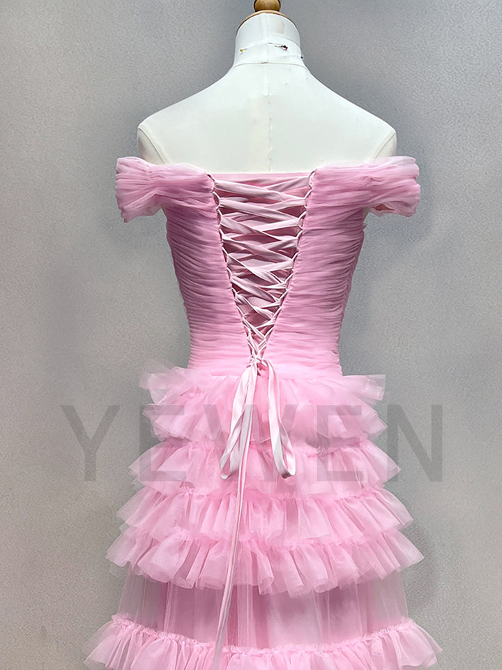 Layer Pink Prom Dress Off The Shoulder Long Evening Party Dresses F25159J