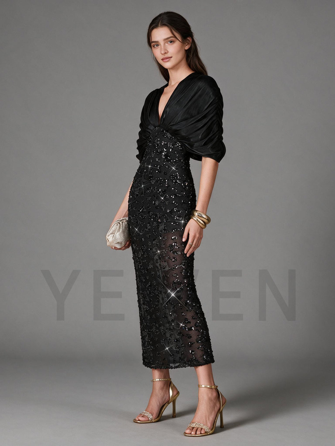 Black Satin Draped Overlay Sequin Midi Evening Dress YW2609282