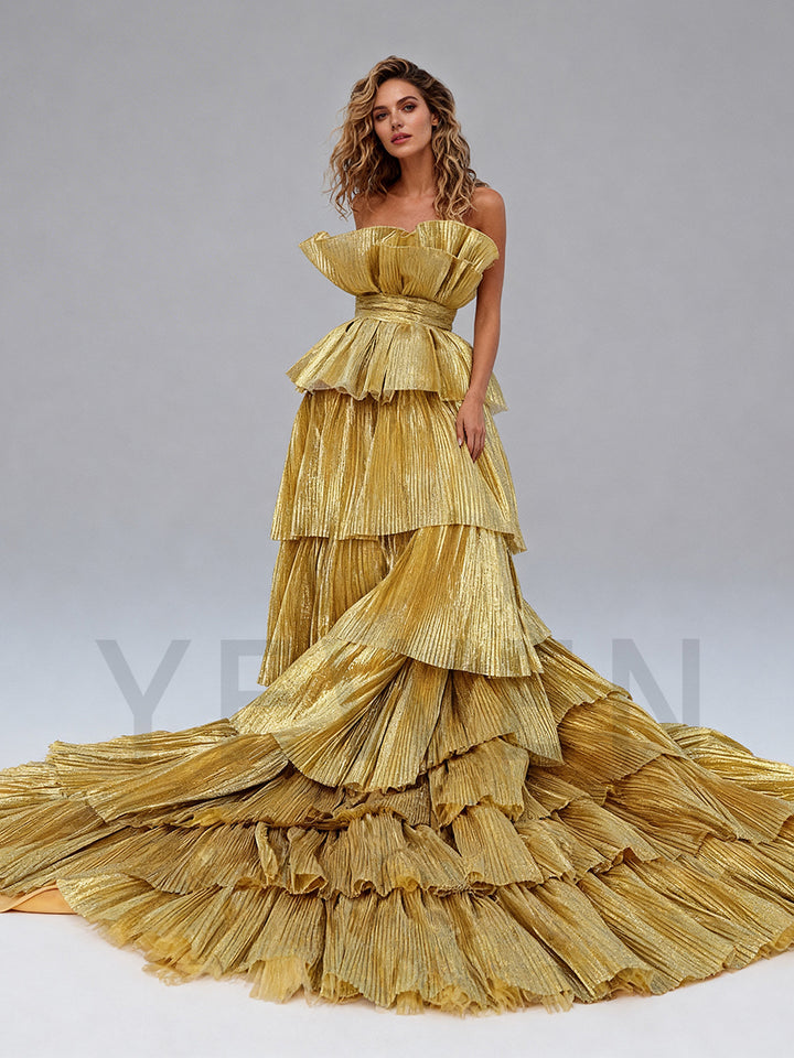 Golden Tored Puffy Pleated Evening Dresses Formal Occasion Prom Party Gown 2025