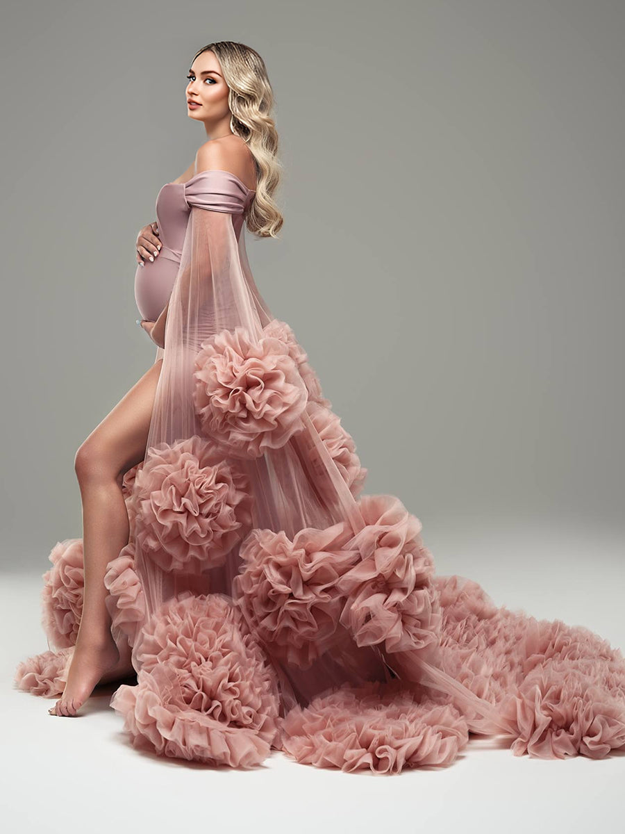 Dusty Pink Maternity Photoshoot Dress Tulle Rose Cape Mermaid Maternity Baby Shower Gown