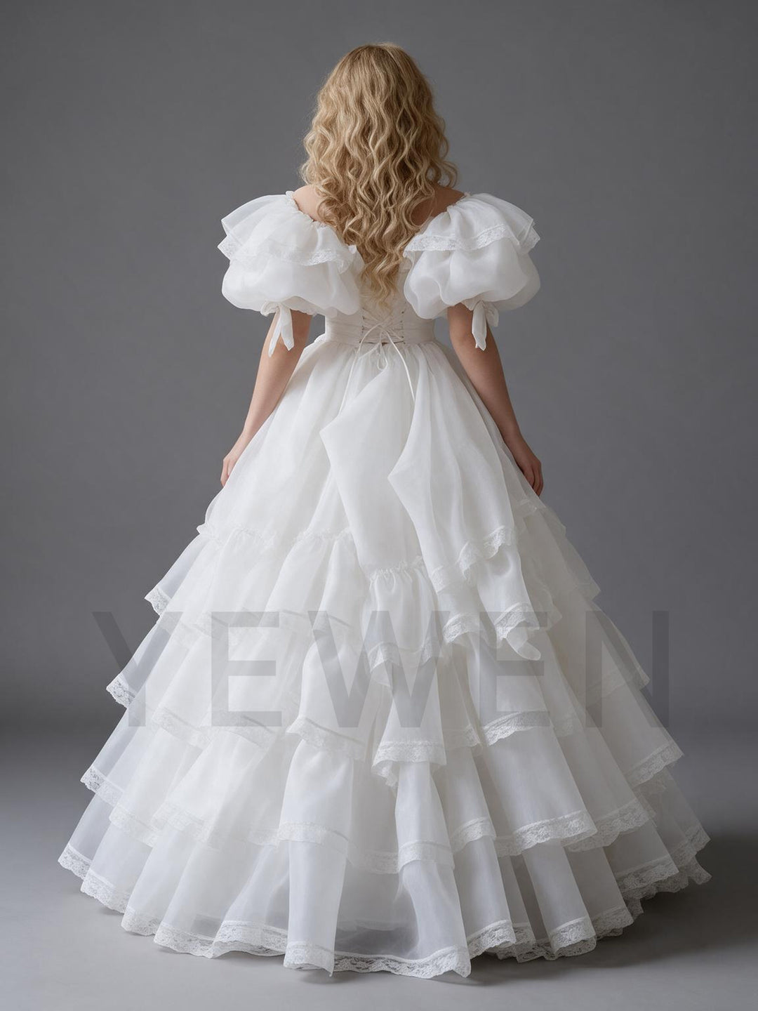 White Puff Sleeve Tiered Ruffle Princess Dress with Bow YW26101410
