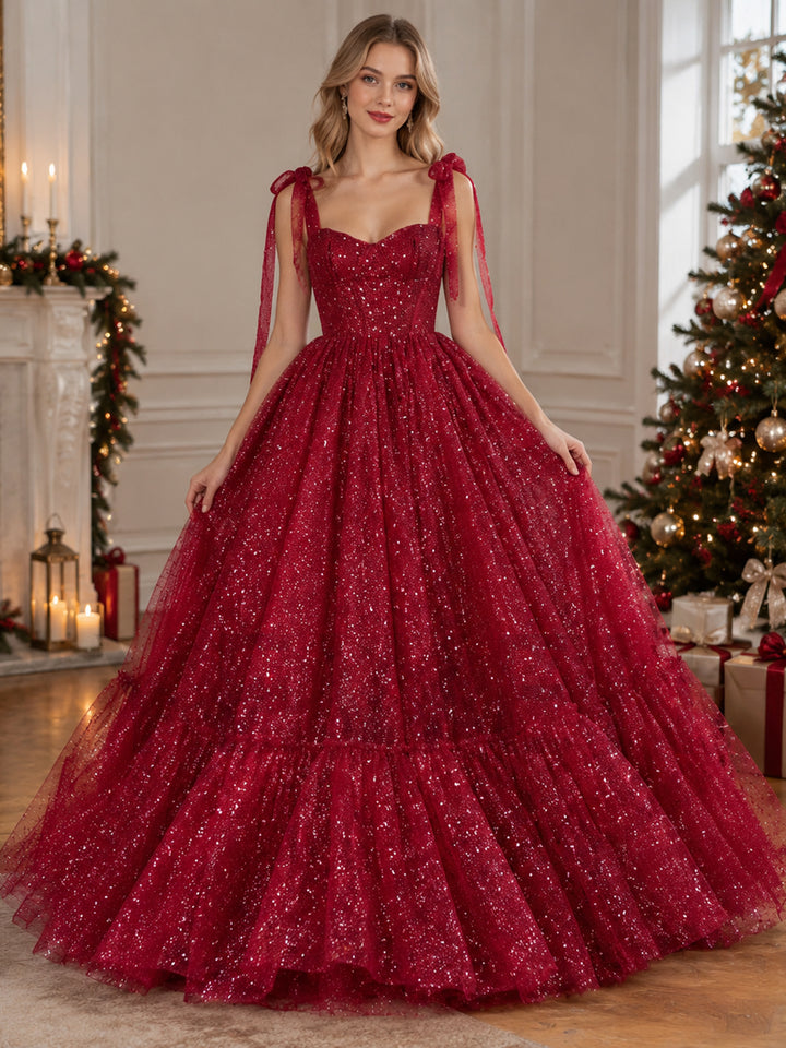 Burgundy Bow Strap Sequin Layered Ruffle Christmas Dress YW2610087