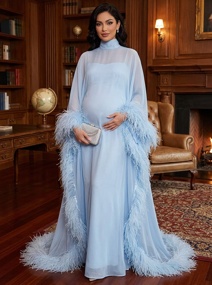 Blue Ostrich Feather Cape Maternity Baby Shower Dress