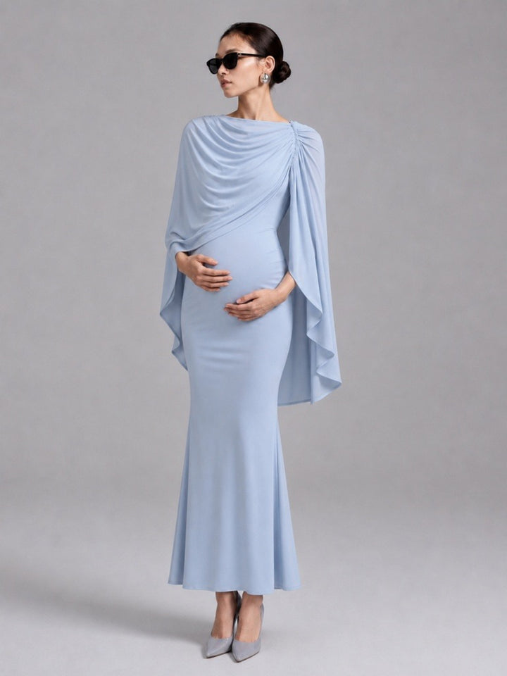 Blue Cape Sleeves Fitted Mermaid Maternity Dress for Baby Shower L-26922