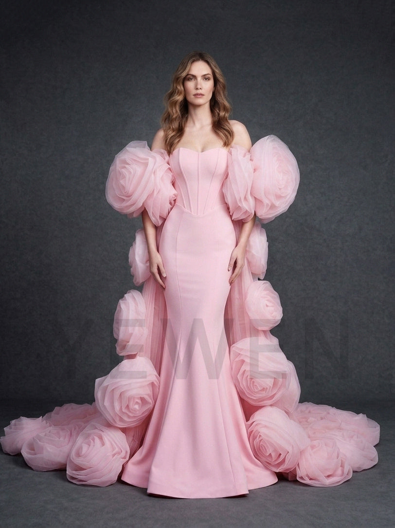 Ivory Strapless Mermaid 3D Floral Wedding Dress with Cape YD261020