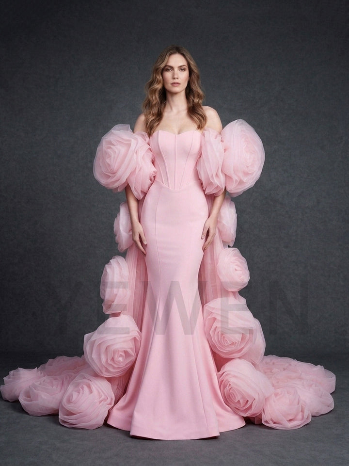 Ivory Strapless Mermaid 3D Floral Wedding Dress with Cape YD261020
