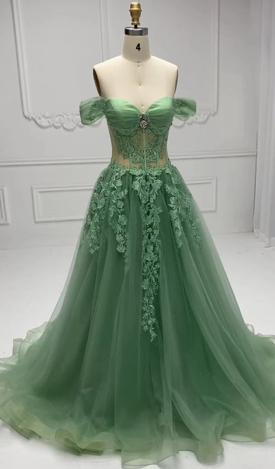 A Line , Sage Green,  Off-Shoulder,  Prom Dress with Emboidery Lace, Custom Colors