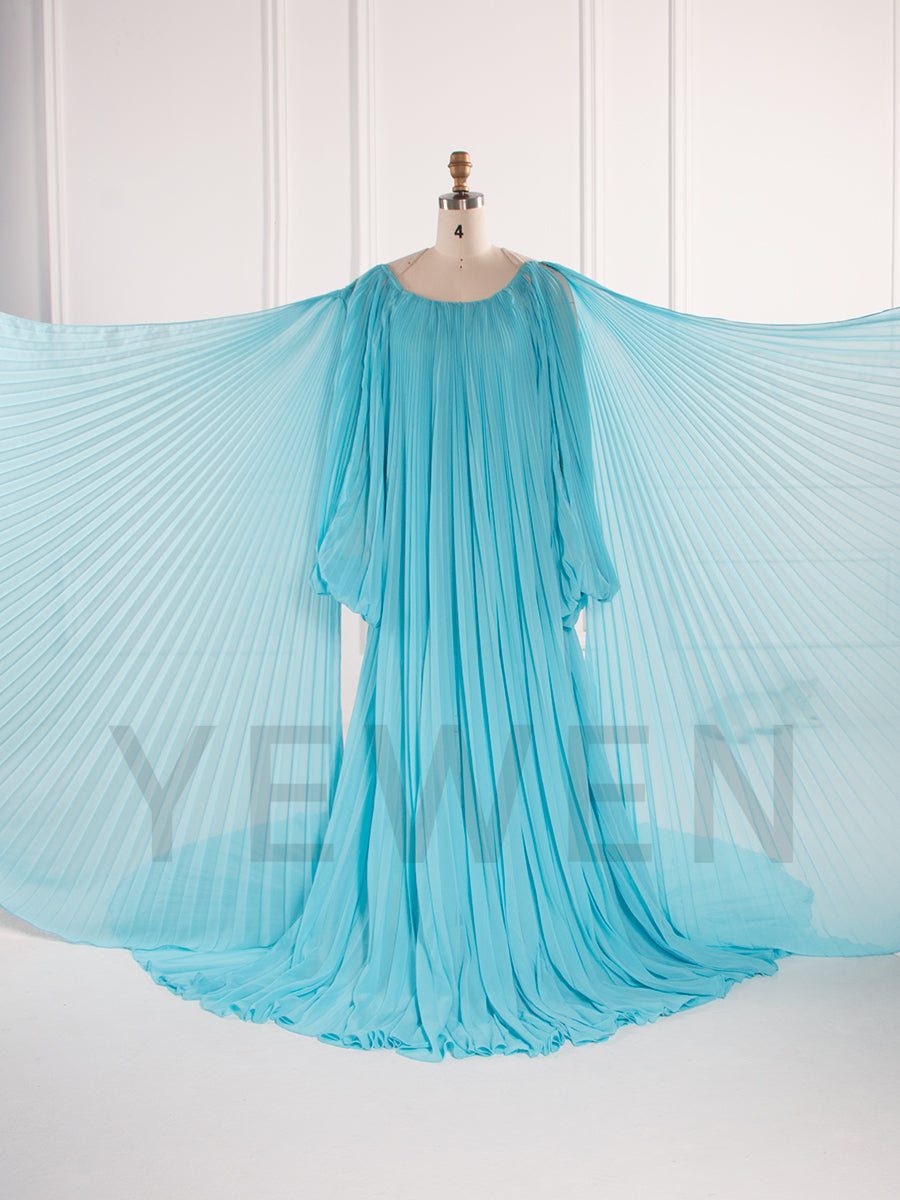 Flowing Pleated Blue Maternity Gown for Photoshoot Elegant Off Shoulder Pregnancy Dress with Long Train YW250071