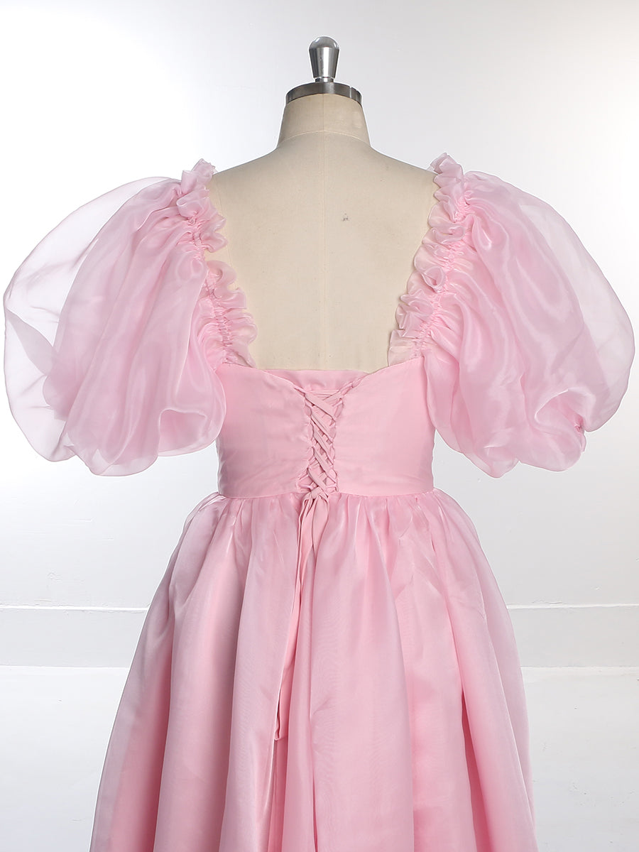 Puff Sleeve Pink Organza Dress Fancy Photo Shoots Dress Lace-Up Back YW231019
