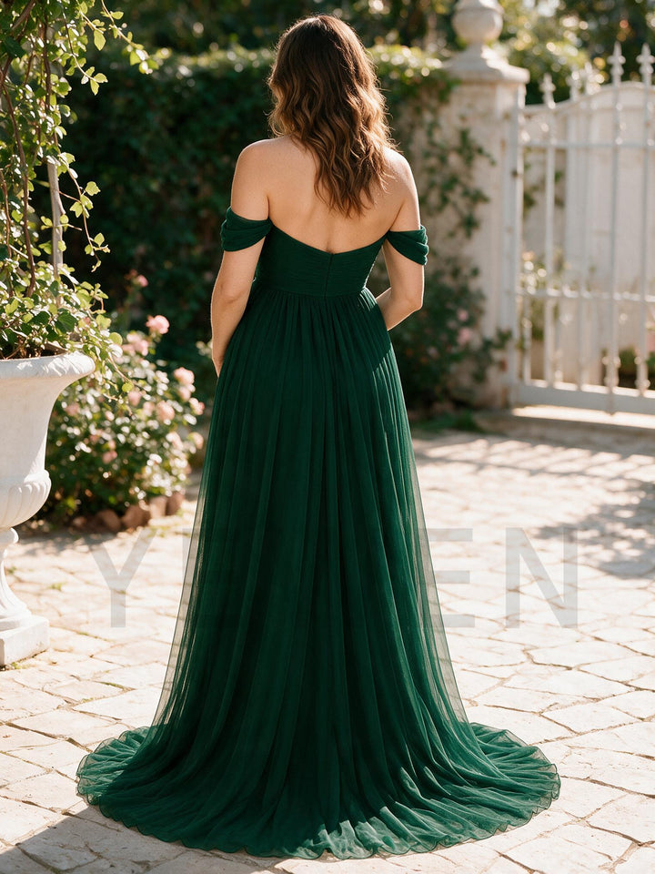 Emerald Green Off Shoulder Tulle Maternity Maxi Dress Baby Shower Photoshoot