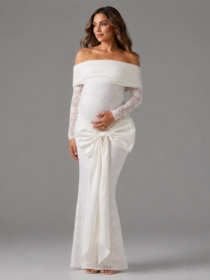 White Lace Fitted Maternity Gown with Satin Bow Pregnancy Baby Shower Gown