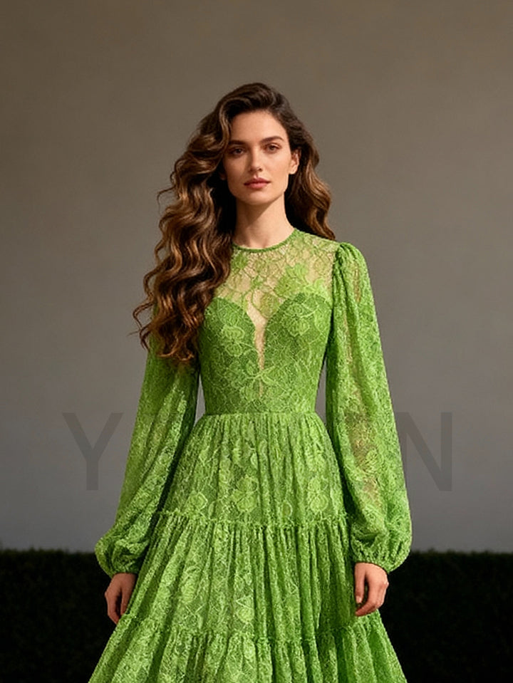 Modern Evening Dress A Line Puffy Sleeves Lace Prom Gown