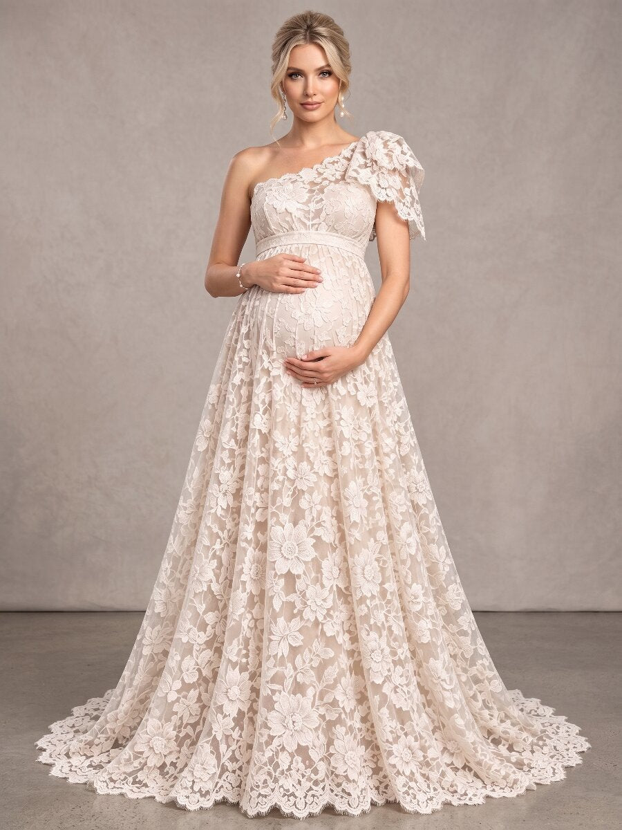 Ivory One-Shoulder Ruffle Lace Maternity Wedding Dress L-26947