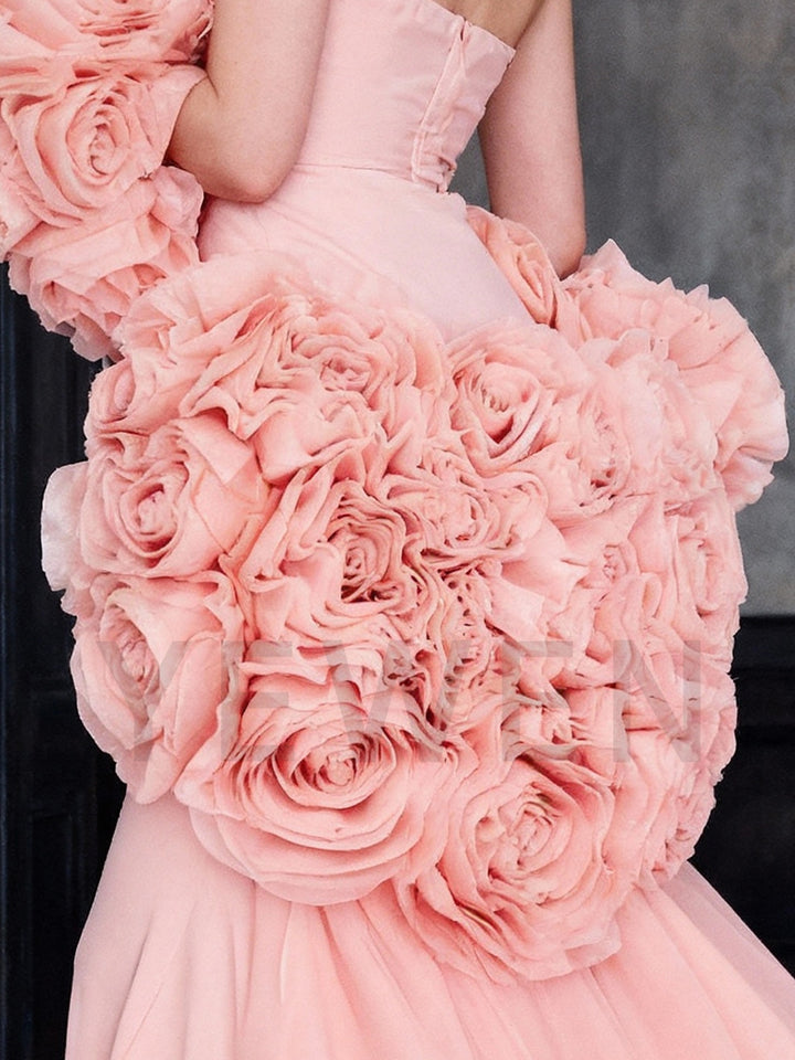 Elegant Pink Prom Gown with Flower Cape Shawl Mermaid Formal Banquet Dress