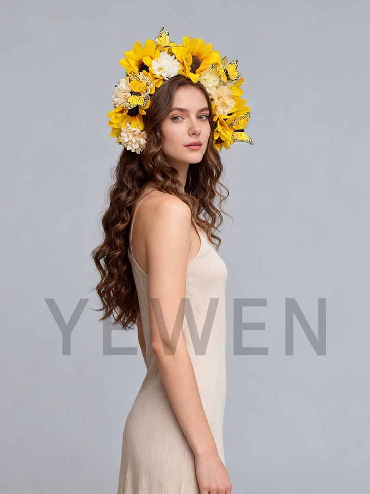 Floral Headdress Sunflowers and Butterflies Floral Crown Hair Accessories Perfect for Photoshoot Bridal Flower Headdress YW26030503D