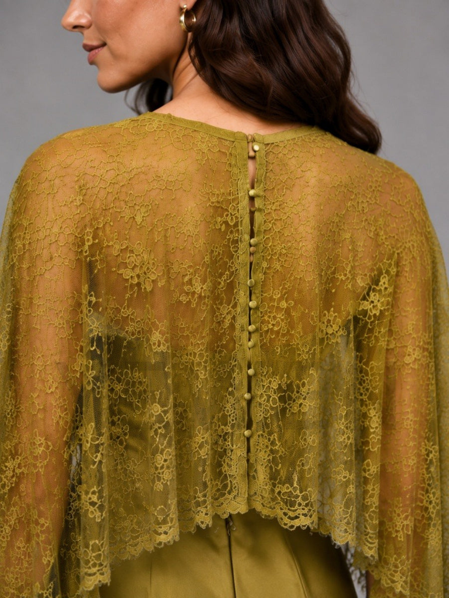 Olive V-Neck A-Line Maternity Baby Shower Dress with Sheer Lace Cape L-26921