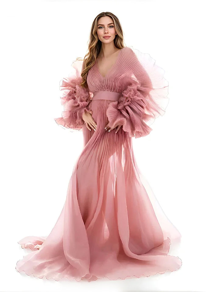V Neck Pleated Organza Maternity Dresses for Photoshoot Long Dress for Maternity Shoot YW243116