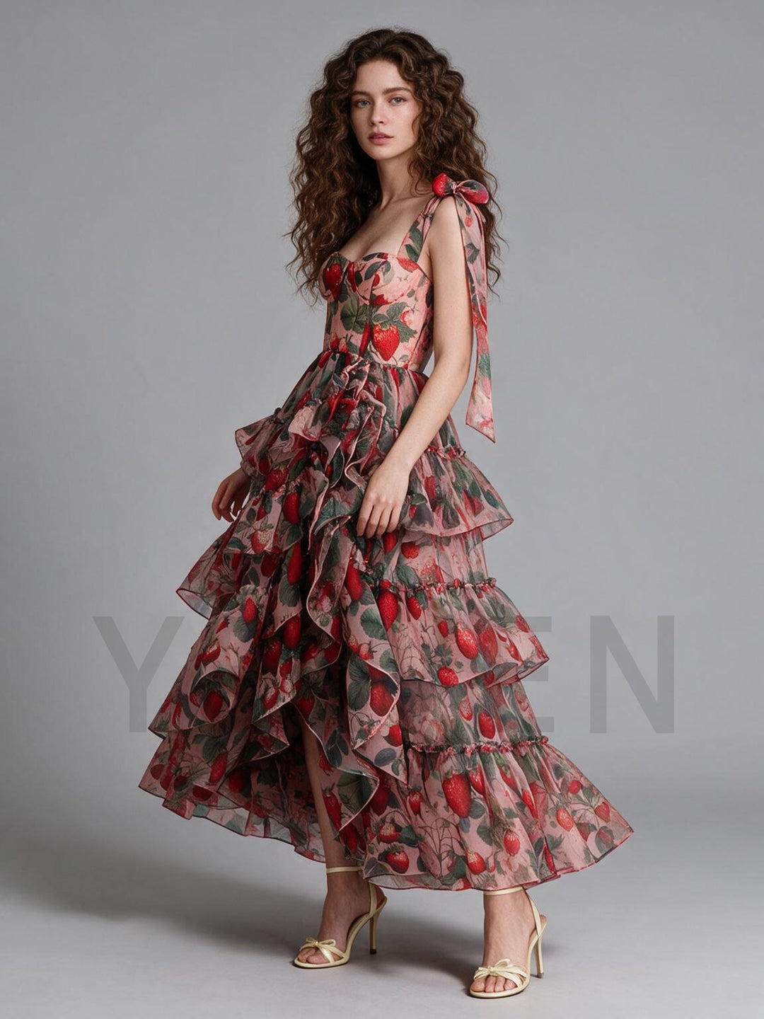 Rose Floral Tiered Ruffle Shoulder Tie Princess Dress YW2610163