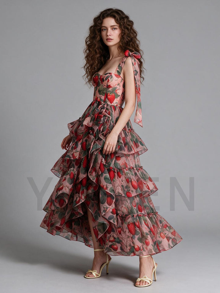 Rose Floral Tiered Ruffle Shoulder Tie Princess Dress YW2610163