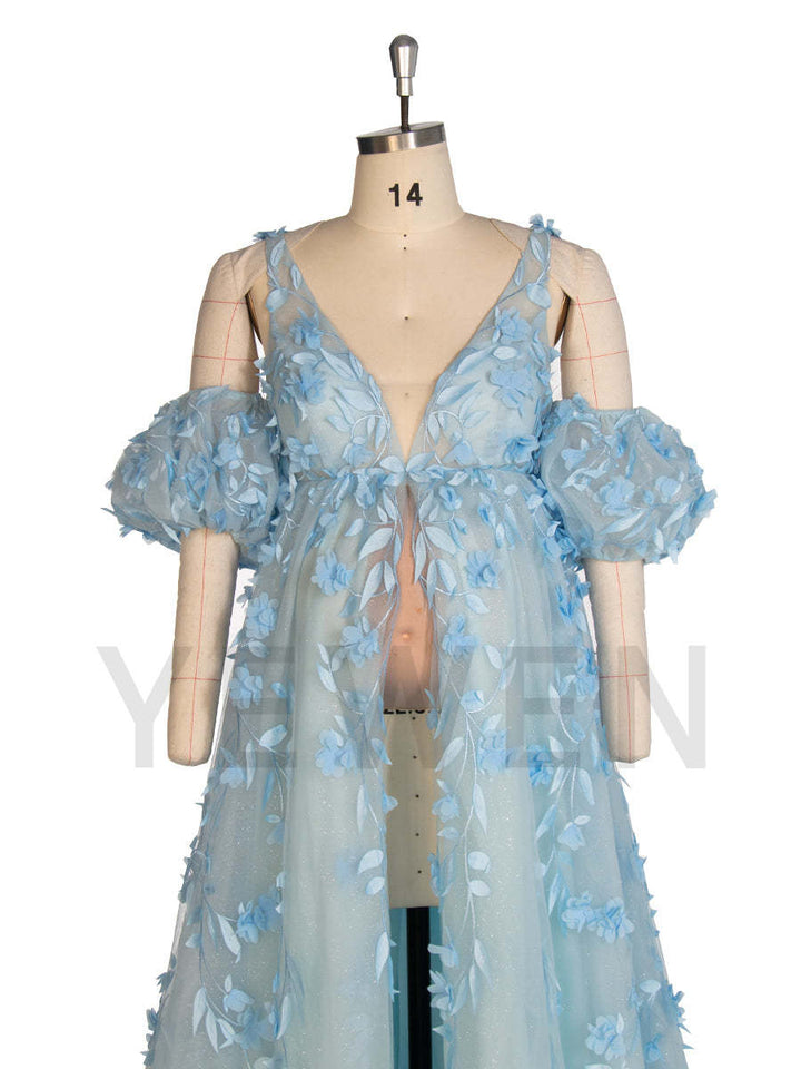 Elegant Glitter Mesh with Appliques Floral Maternity Dress for Baby Shower Blue Maternity Gown YW243138