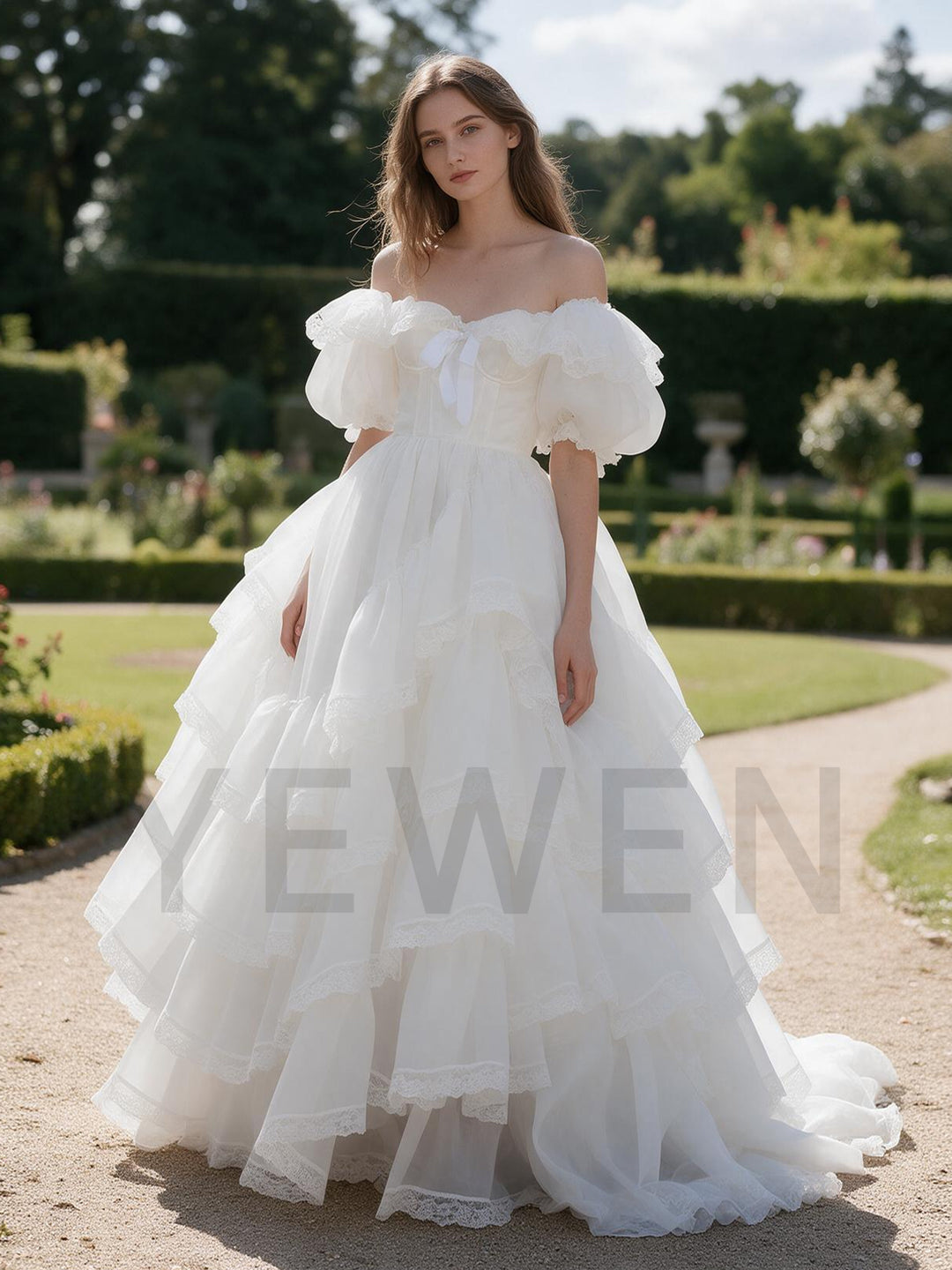 White Puff Sleeve Tiered Ruffle Princess Dress with Bow YW26101410