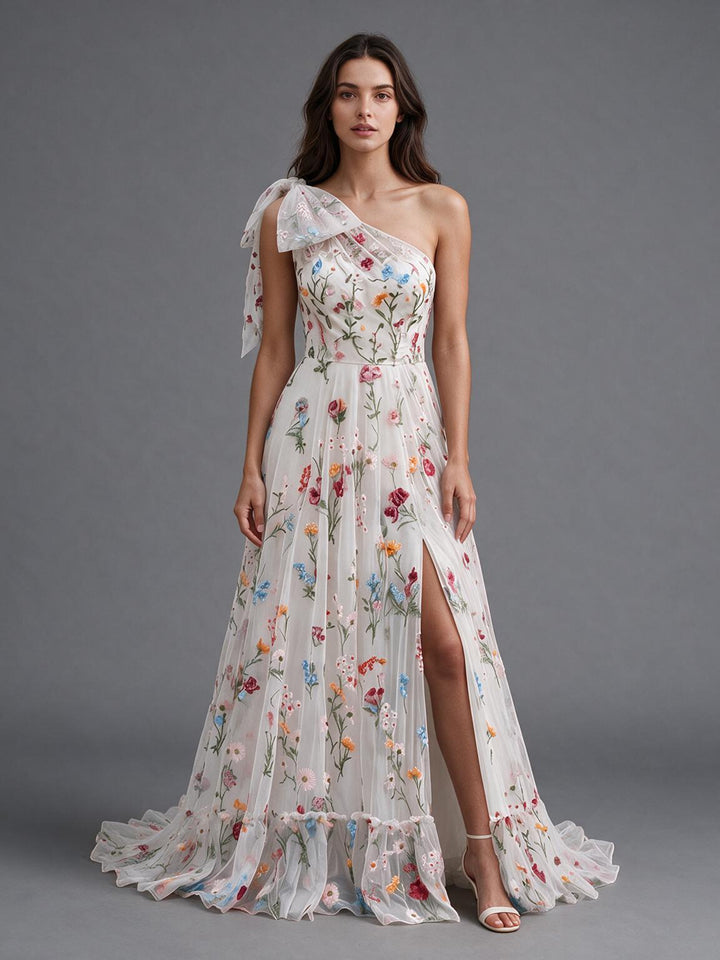 Ivory One-Shoulder Bow Floral Boho Wedding Dress