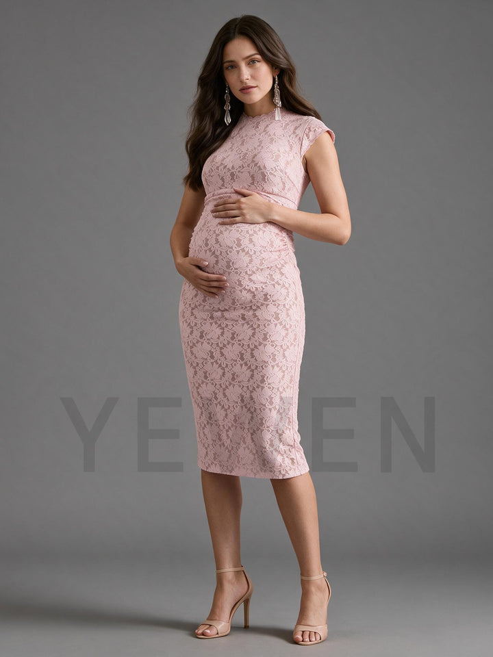 Pink Lace Maternity Dress for Baby Shower Mock Neck Bodycon Midi Gown