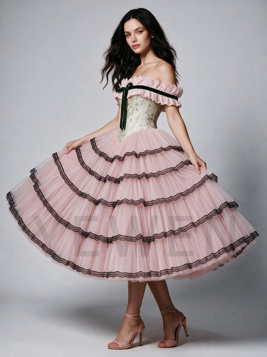 Pink Off-Shoulder Floral Princess Dress with Black Lace Trimmed Tiered Skirt WT268022