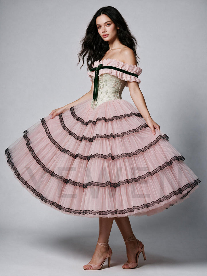 Pink Off-Shoulder Floral Princess Dress with Black Lace Trimmed Tiered Skirt WT268022