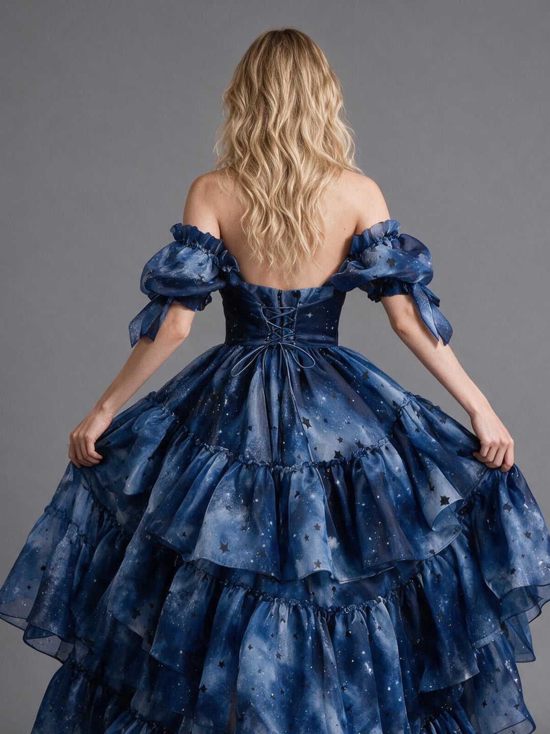 Navy Celestial Star Off-Shoulder Puff Sleeve Princess Dress YW2610166