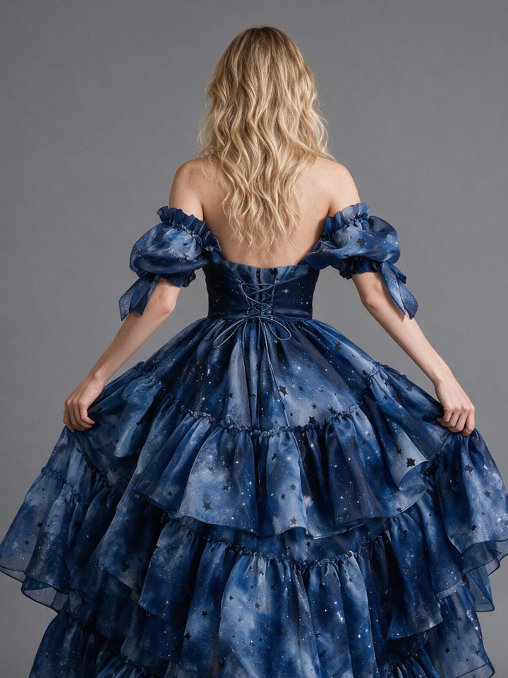 Navy Celestial Star Off-Shoulder Puff Sleeve Princess Dress YW2610166