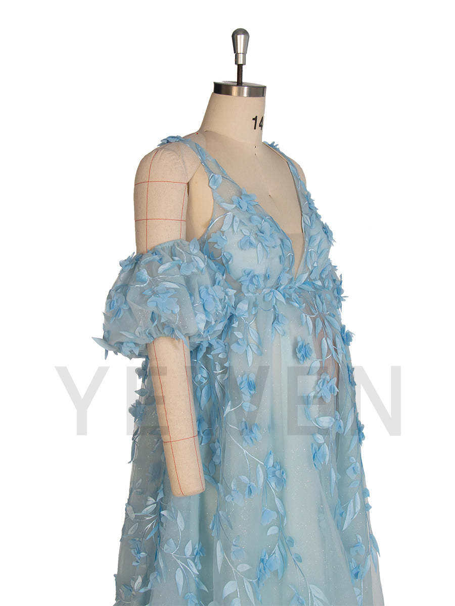Elegant Glitter Mesh with Appliques Floral Maternity Dress for Baby Shower Blue Maternity Gown YW243138