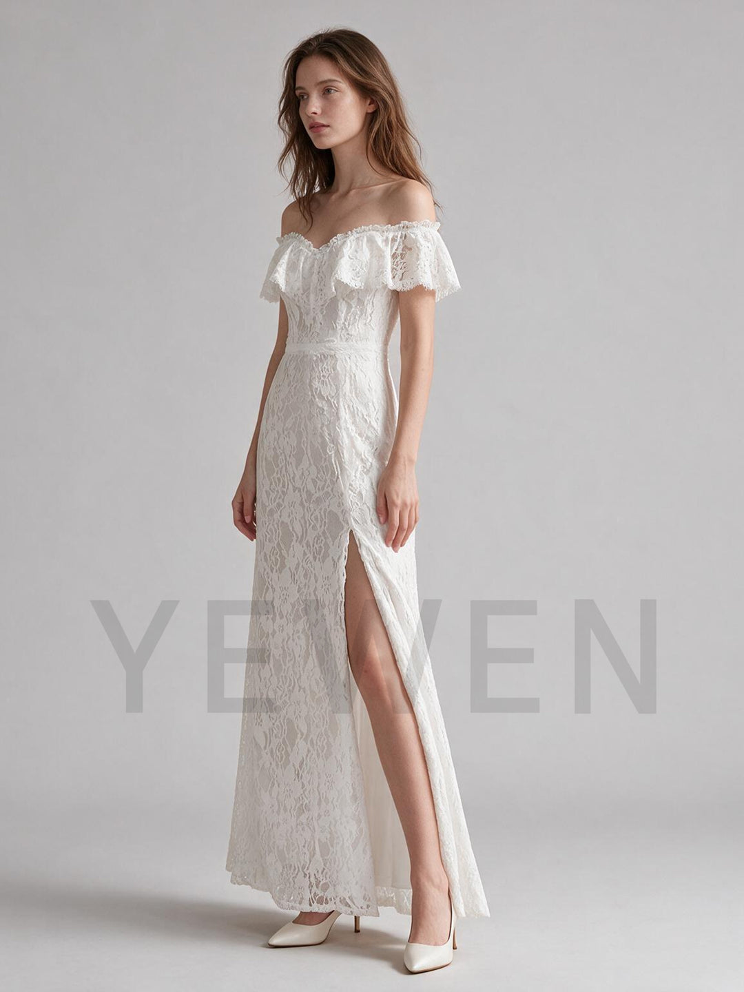 Ivory Off-Shoulder Ruffle Lace Wedding Dress with High Slit Skirt