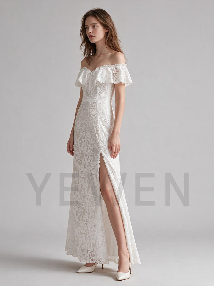 Ivory Off-Shoulder Ruffle Lace Wedding Dress with High Slit Skirt