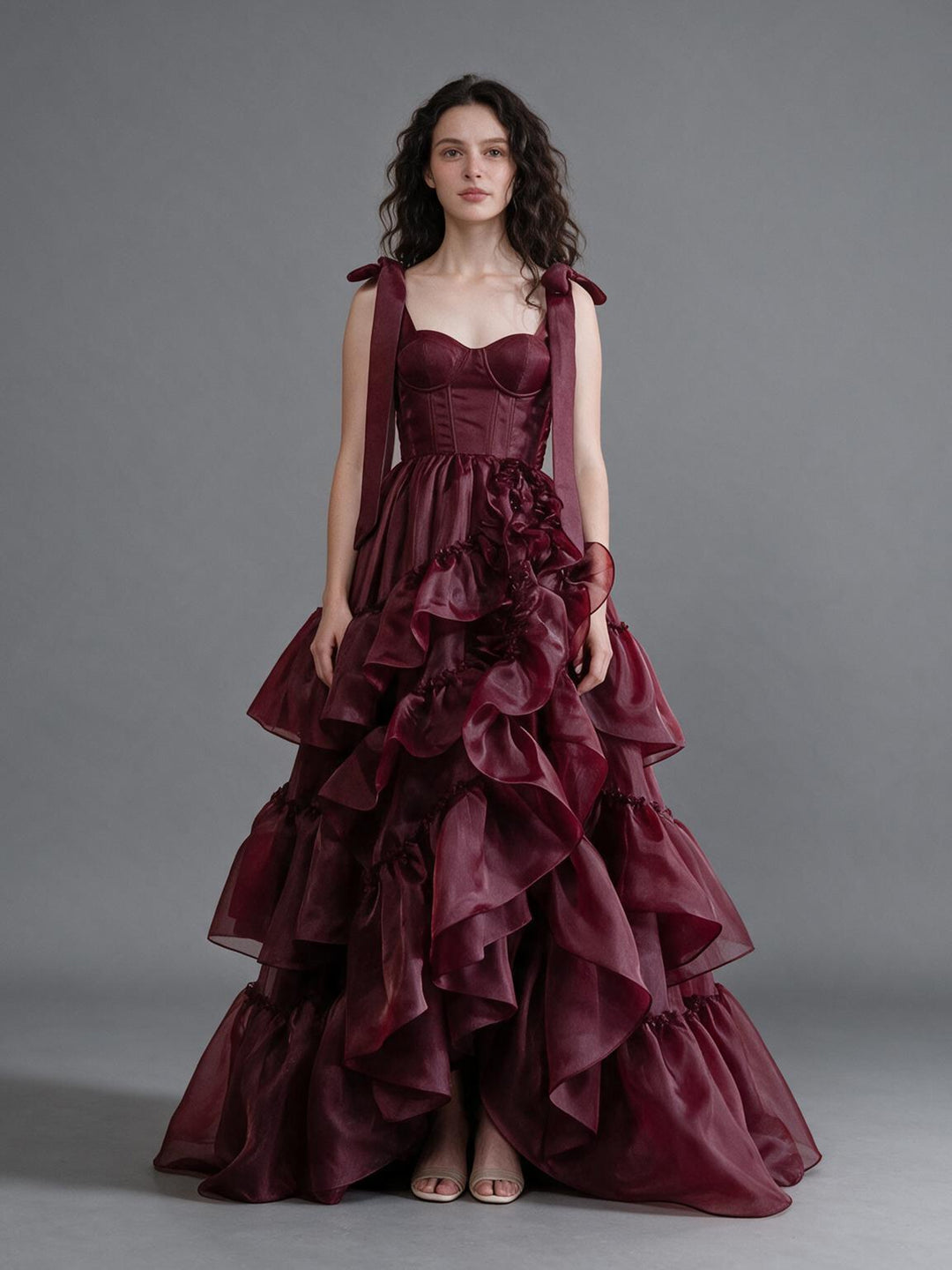 Burgundy Bow Strap Corset Tiered Ruffle Christmas Dress YW2610088