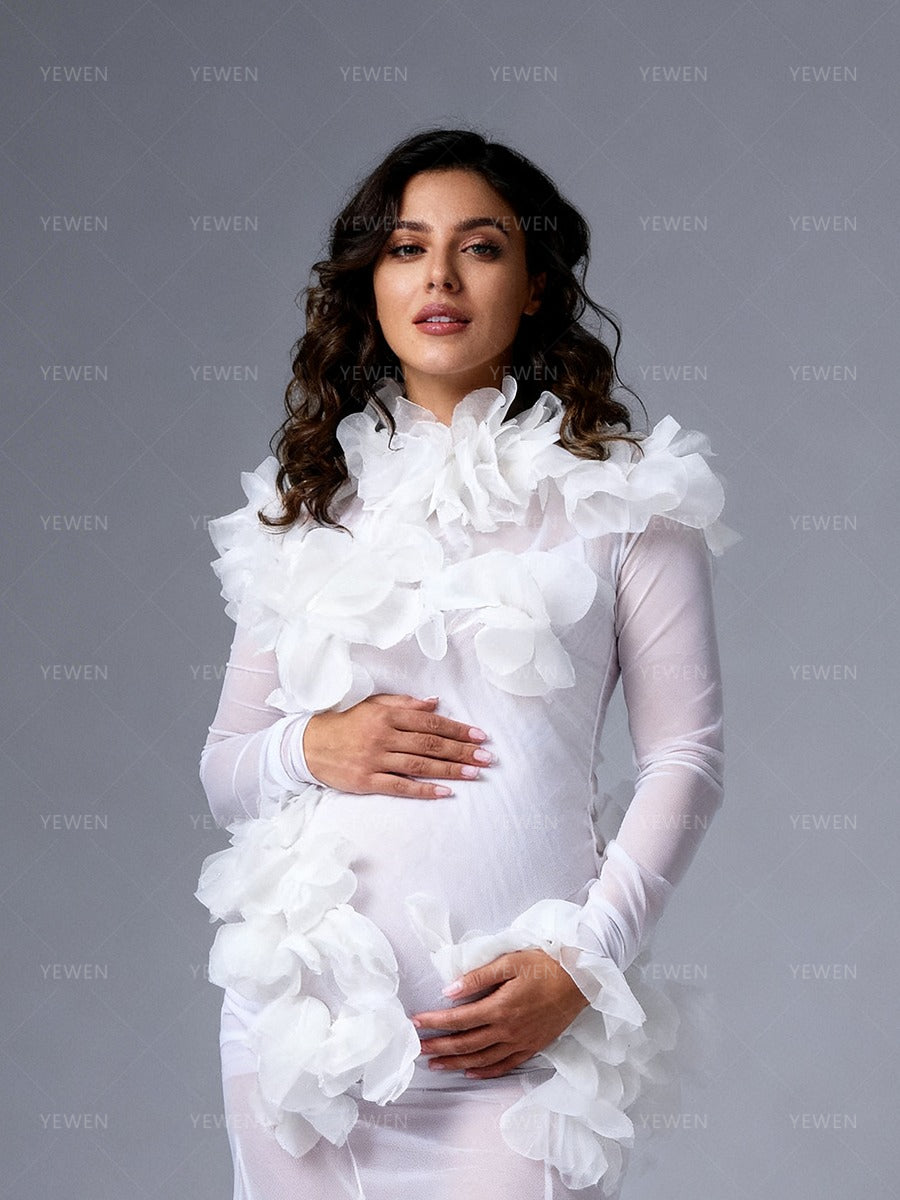 Sheer Maternity Photoshoot Dress Elegant White 3D Floral Long Sleeve Pregnancy Photography Gown