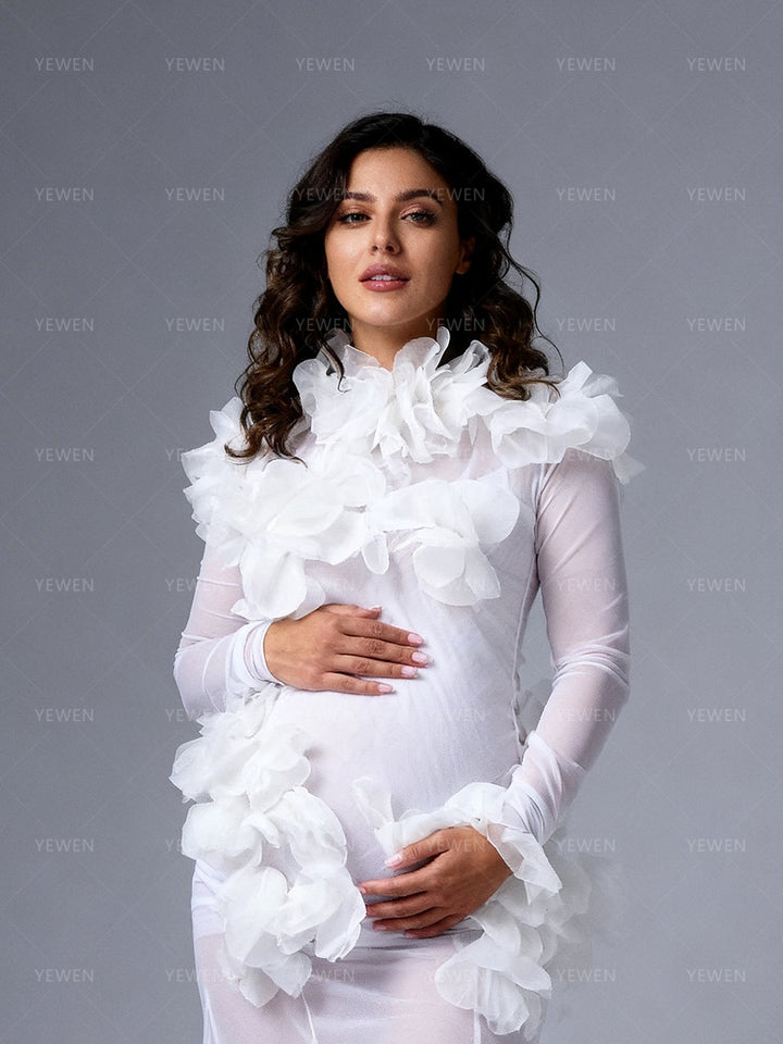 Sheer Maternity Photoshoot Dress Elegant White 3D Floral Long Sleeve Pregnancy Photography Gown